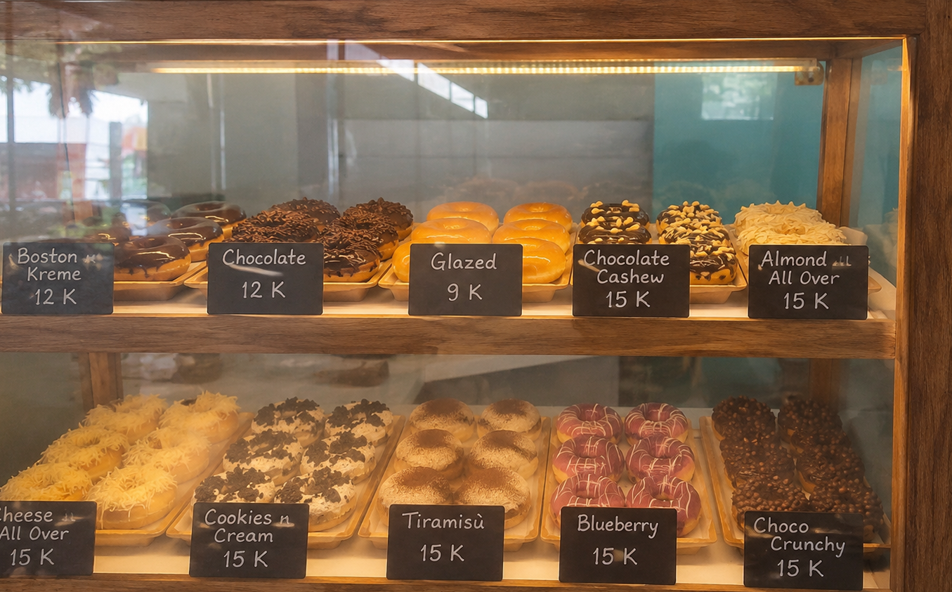 Etalase display donat Donat Pops dengan berbagai varian